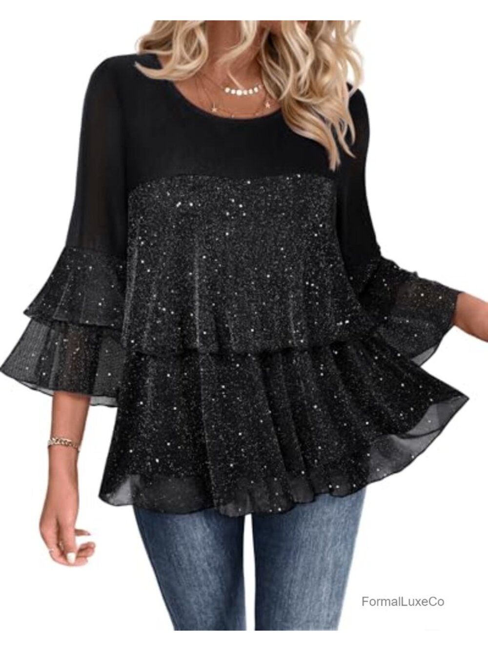 Sparkly Peplum Blouse 3/4 Sleeve Ruffle Evening Dressy Top